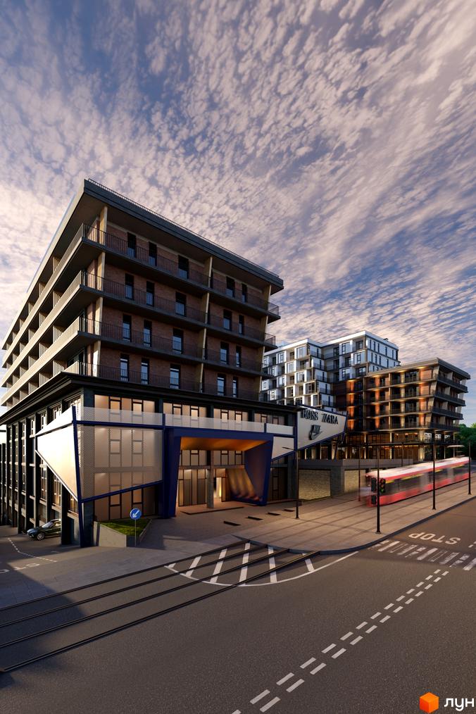 Фасад Житлового комплексу ITown: будівлі з темної цегли, балконами та великими вікнами, поруч трамвайні колії.