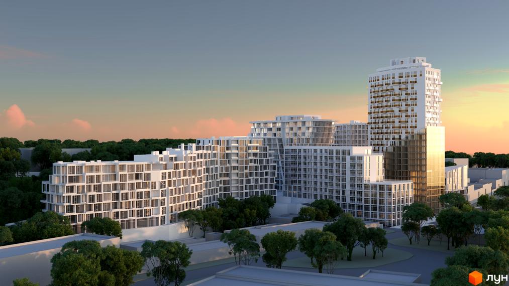 Комплекс ITown представлений білими будівлями різної поверховості з великими вікнами та скляними фасадами. Територія навколо забудови озеленена деревами.