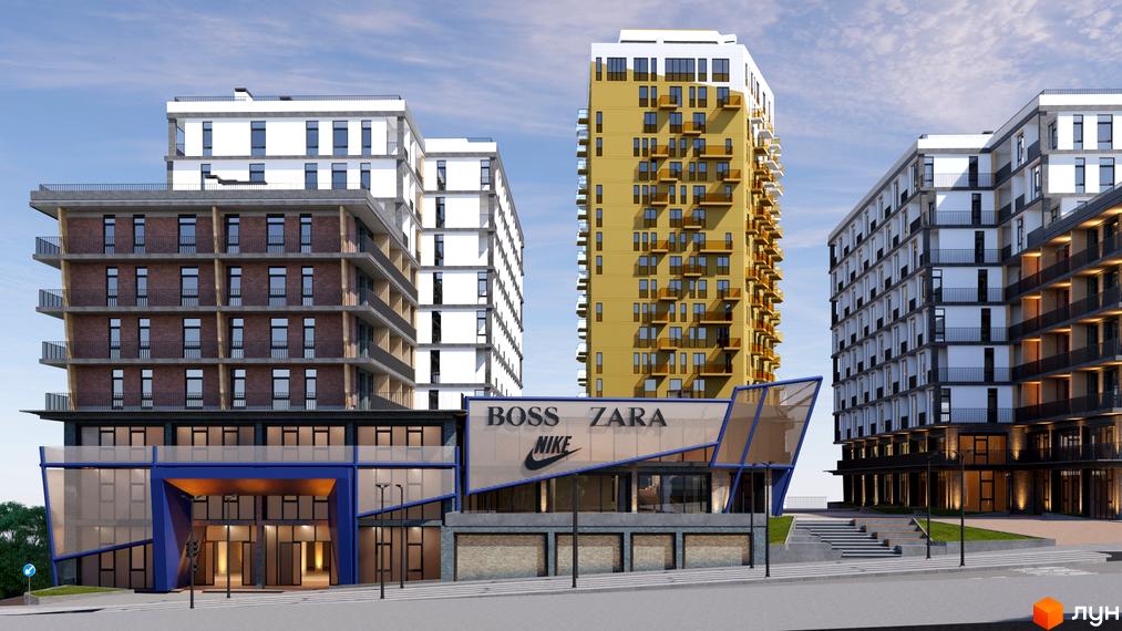 Фасад Житлового комплексу ITown з різноповерховими будинками, один з яких золотистий, інші цегляні та білі. На першому поверсі комерційні приміщення з вивісками BOSS, ZARA, NIKE.