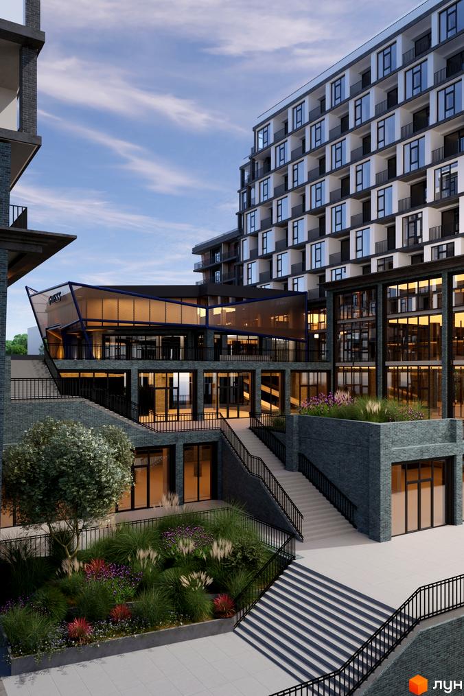 Житловий комплекс ITown: багатоповерховий житловий будинок, комерційні приміщення з великими вікнами та багаторівнева прибудинкова територія з озелененням.
