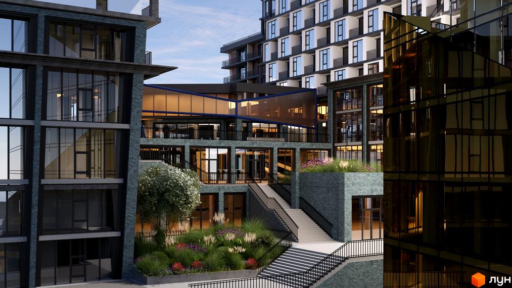Будівлі Житлового комплексу ITown з комбінованими фасадами, великими вікнами та скляними елементами, а також багаторівнева територія з озелененням та сходами.