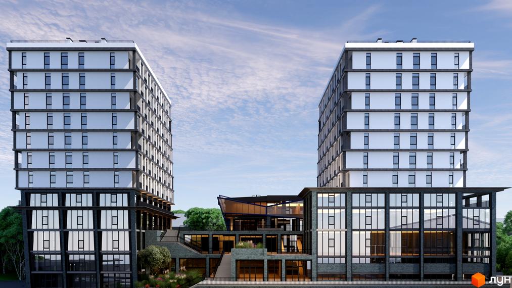 Житловий комплекс ITown з двома висотними будинками, білими фасадами та великими вікнами. Між ними розташована скляна будівля з терасами та зеленою зоною.