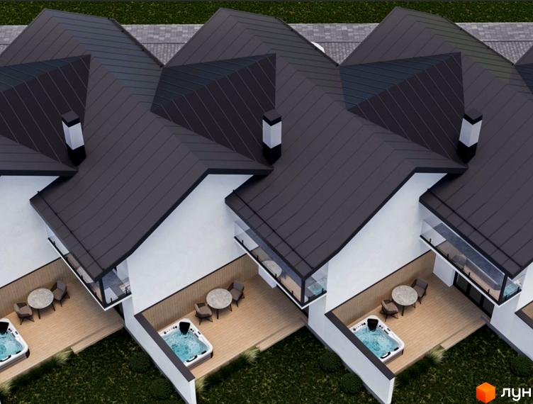 Таунхауси WOL.GREEN POLYANA з чорними дахами та білими стінами, з терасами, джакузі та зонами відпочинку на прибудинковій території.