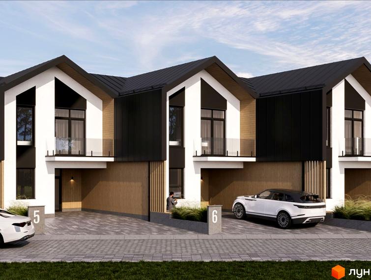 Таунхауси WOL.GREEN POLYANA - сучасна архітектура та затишні двори. Комплекс складається з двоповерхових будинків з панорамними вікнами та індивідуальними паркомісцями.