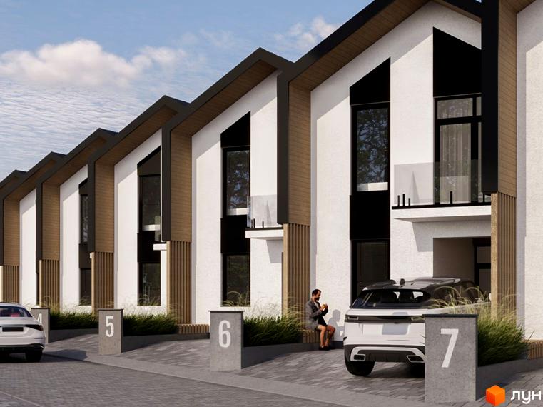 Таунхауси WOL.GREEN POLYANA - це сучасні будинки з панорамними вікнами та індивідуальними паркомісцями. Перед будинками розташована доглянута прибудинкова територія з травою та номерами будинків.