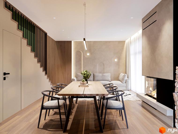 Інтер'єр таунхауса WOL.GREEN POLYANA з обідньою зоною та каміном. Сучасний дизайн та функціональне планування.