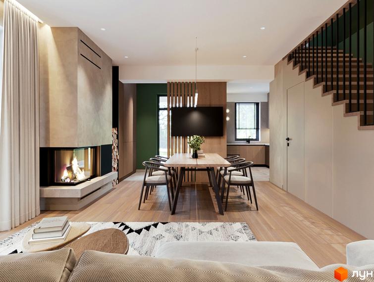 Інтер'єр таунхаусу WOL.GREEN POLYANA з каміном, обідньою зоною та сходом на другий поверх. Сучасний дизайн та функціональне планування.
