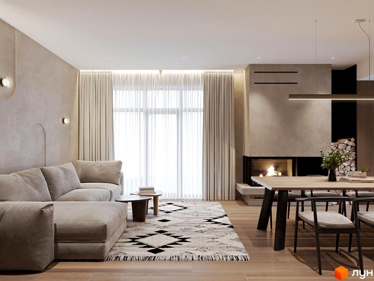 Вітальня з каміном та диваном у житловому комплексі WOL.GREEN POLYANA. Простора вітальня з каміном, зручними меблями та великими вікнами.