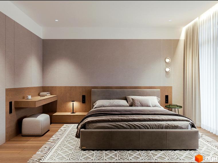 Інтер'єр спальні в таунхаусі WOL.GREEN POLYANA. Затишна кімната з ліжком, тумбою та робочим столом.