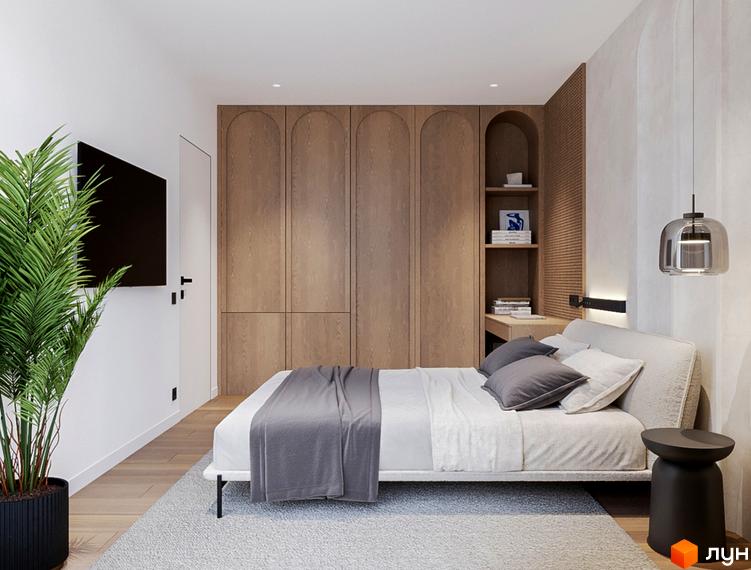 Спальня в будинку WOL.GREEN POLYANA з дерев'яними панелями та зручним ліжком. Затишна атмосфера для відпочинку та сну.