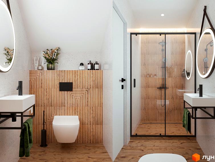 Дизайн ванної кімнати в таунхаусах WOL.GREEN POLYANA з дерев'яними акцентами та підвісним унітазом. Сучасний інтер'єр з душовою кабіною та підсвіченим дзеркалом.