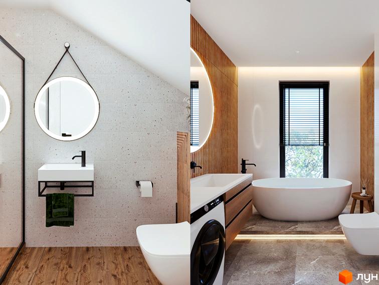 Сучасний дизайн ванної кімнати в комплексі WOL.GREEN POLYANA з окремо стоячою ванною та підсвіченим дзеркалом. Простора ванна кімната з дерев'яними елементами та сірою плиткою.
