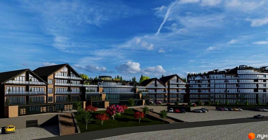 Апарт-комплекс PHOENIX MEDICAL RESORT з багатоповерховими будівлями та парковкою. Навколо комплексу розташовані дерева та зелені насадження.