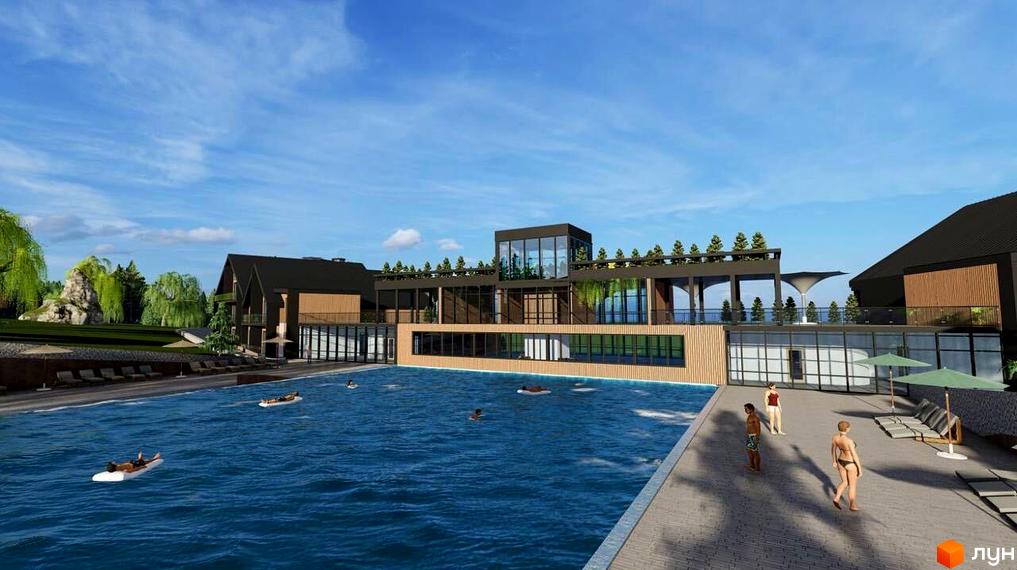 Апарт-комплекс PHOENIX MEDICAL RESORT з басейном та зоною відпочинку. Сучасна архітектура будівлі з великими вікнами та зеленою терасою.