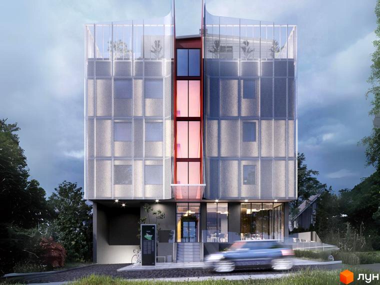 L14. Home in Pechersk – це новобудова з унікальним фасадом з перфорованого металу та скляними елементами, що розташована серед зелені.
