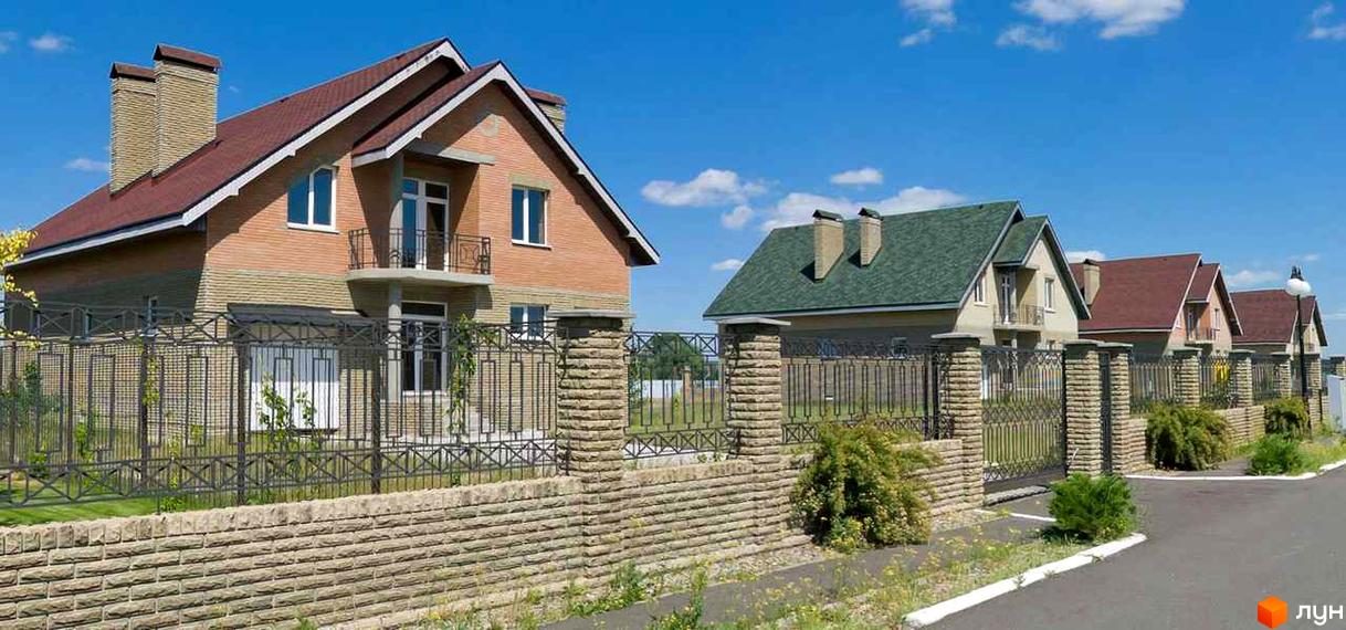 Котеджне містечко Вишневе містечко. Зовнішній вигляд цегляних будинків з червоними та зеленими дахами, огороджених парканом та кам'яною стіною.