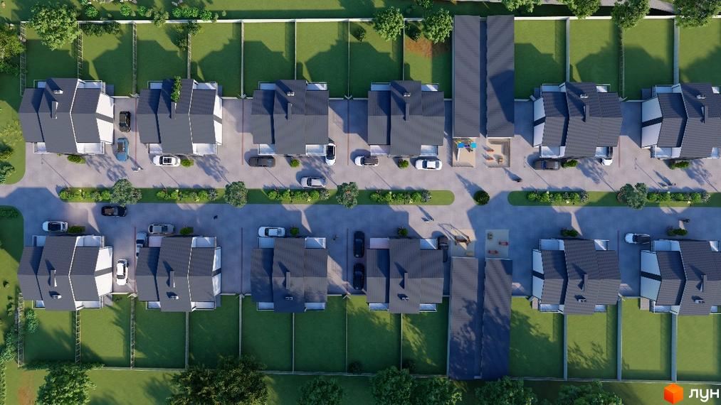 White-Blackie Duplex: сучасний житловий комплекс з двоповерховими будинками та доглянутими подвір'ями. На зображенні видно акуратні газони та паркувальні місця.