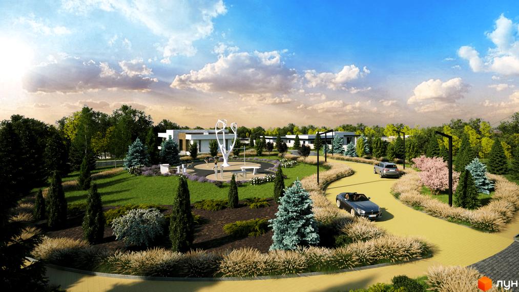 Котеджне містечко Obriy Family Club з сучасними будинками та доглянутою прибудинковою територією, парком зі скульптурою та зонами відпочинку.