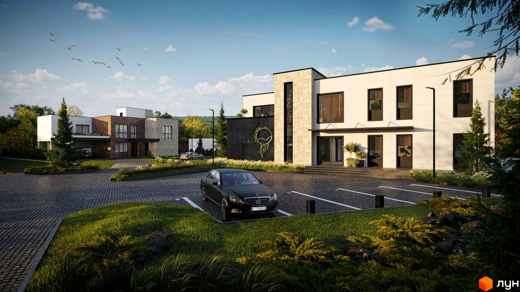 Котеджне містечко Obriy Family Club. Зовнішній вигляд будинків з білою та кам'яною обробкою, парковка та зелена прибудинкова територія.