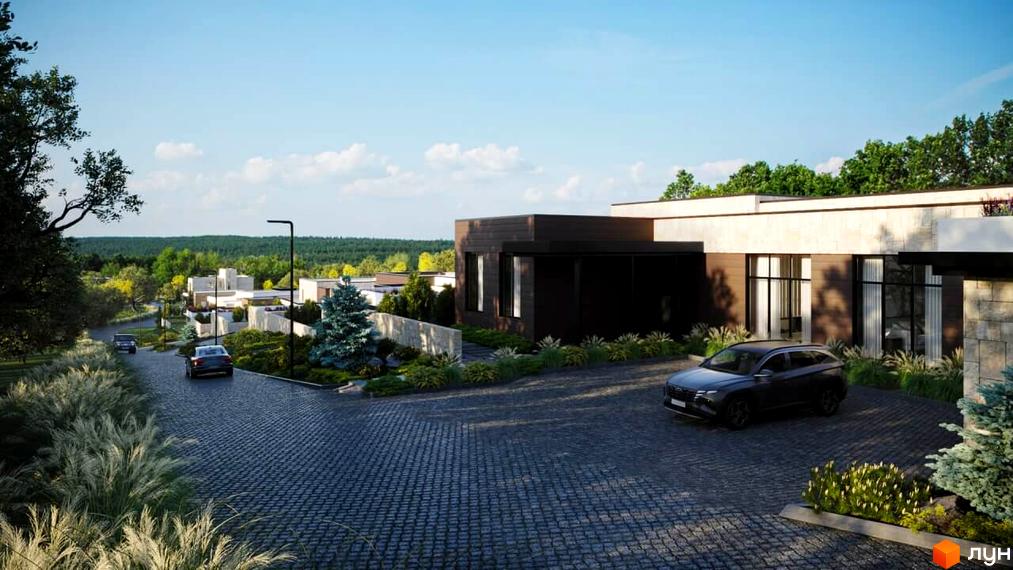 Котеджне містечко Obriy Family Club. Сучасні будинки з великими вікнами та доглянутою прибудинковою територією з бруківкою та зеленню.