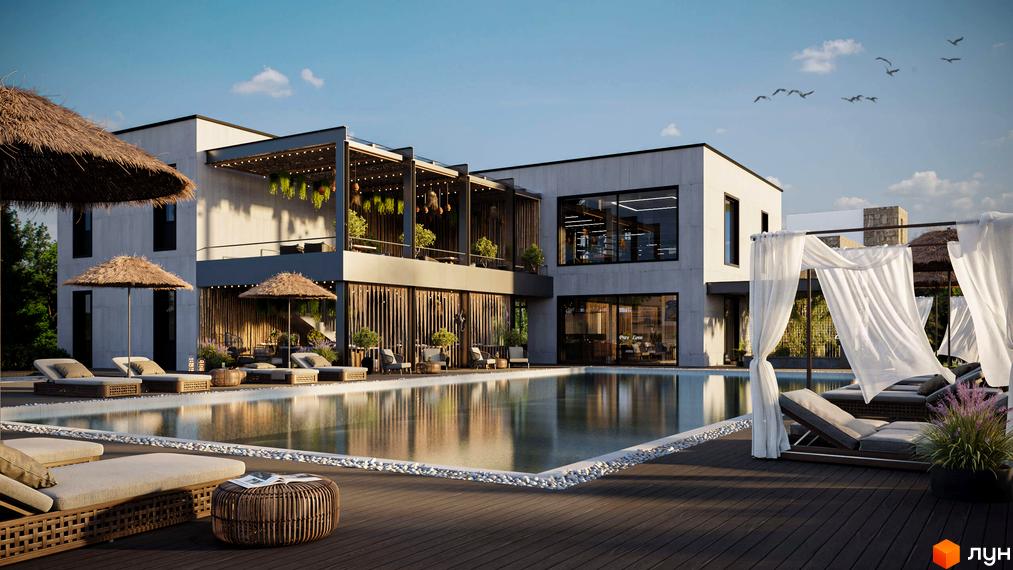 Котеджне містечко Obriy Family Club з басейном та зонами відпочинку. Зовнішній вигляд комплексу з терасою, навісами та зеленню.