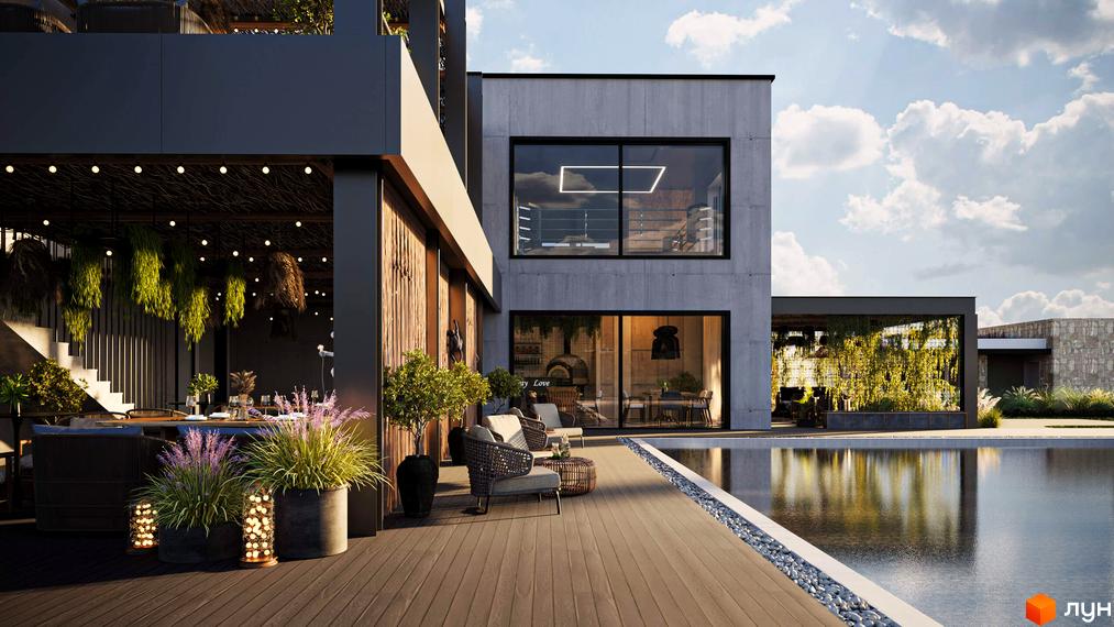 Котеджне містечко Obriy Family Club з басейном та зоною відпочинку. Сучасна архітектура та зелені насадження створюють затишну атмосферу.