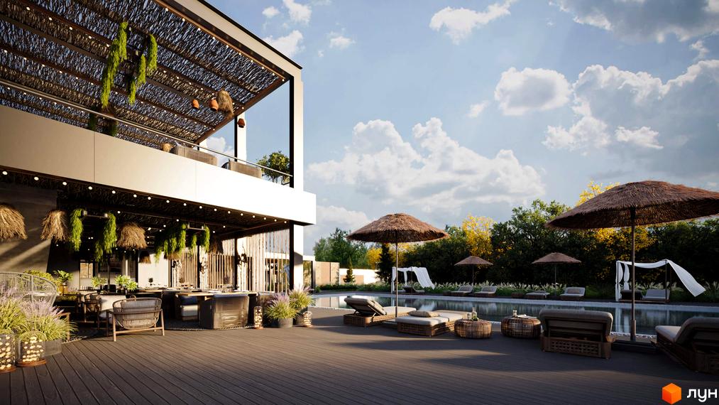 КМ Obriy Family Club: двоповерхова будівля з терасою та зоною відпочинку біля басейну з шезлонгами та парасольками. На території комплексу розташовані столики та крісла на відкритому повітрі.