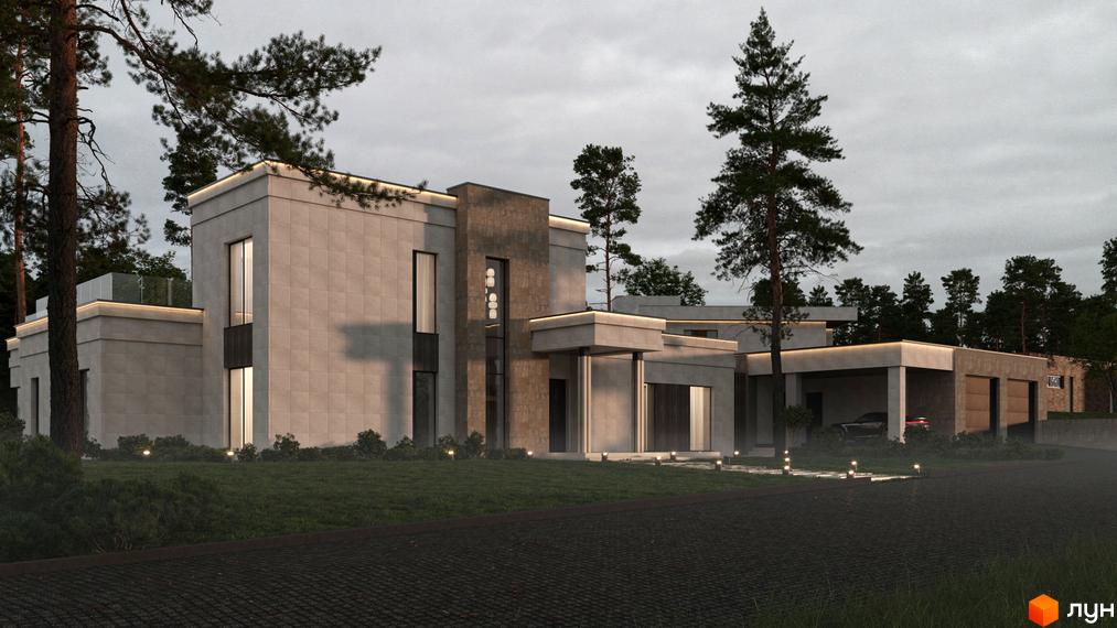 Котеджне містечко Obriy Family Club. Сучасний будинок з великими вікнами та кам'яним фасадом, оточений зеленню та деревами. Прибудинкова територія з доріжками та освітленням.