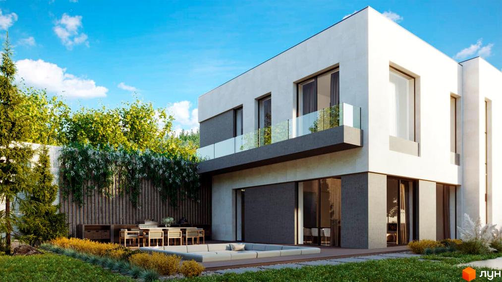 Котеджне містечко Obriy Family Club. Зовнішній вигляд двоповерхового будинку з великими вікнами та балконом. Прибудинкова територія з терасою, зоною відпочинку та зеленню.