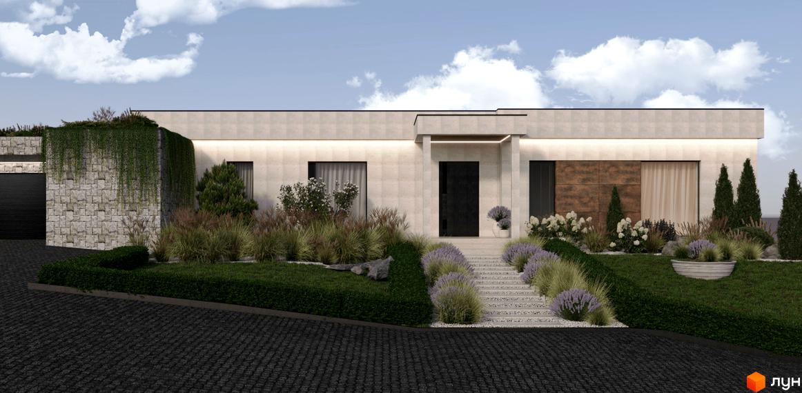 Котеджне містечко Obriy Family Club. Сучасний будинок з кам'яним фасадом, великими вікнами та доглянутою прибудинковою територією з ландшафтним дизайном.