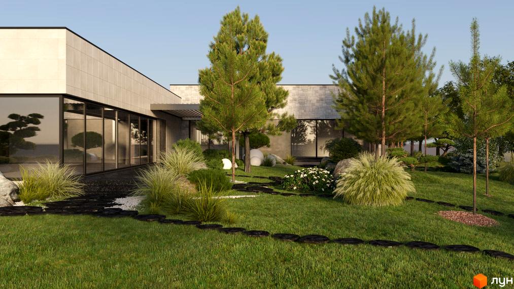 Котеджне містечко Obriy Family Club. Будинок з великими вікнами та сірою плиткою, оточений доглянутим садом з деревами та травою.