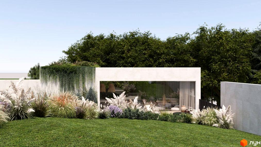 КМ Obriy Family Club: сучасний будинок з панорамним склом та озелененою стіною. Прибудинкова територія з декоративними травами та доглянутим газоном.