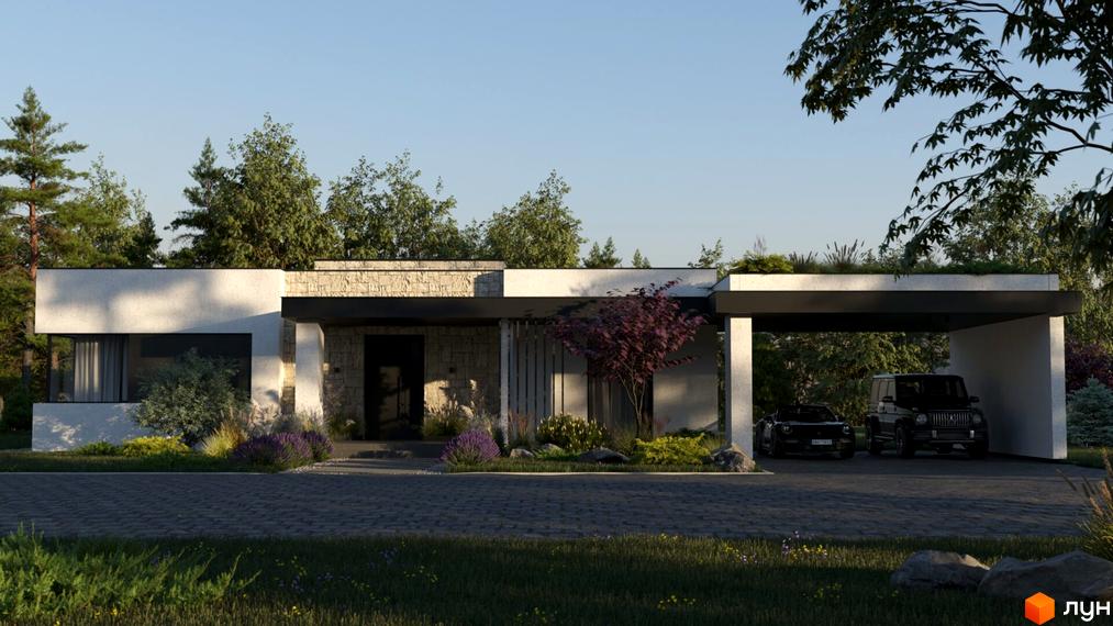 Котеджне містечко КМ Obriy Family Club. Сучасний одноповерховий будинок з пласким дахом та навісом для двох автомобілів. Навколо будинку доглянутий ландшафт з деревами та кущами.