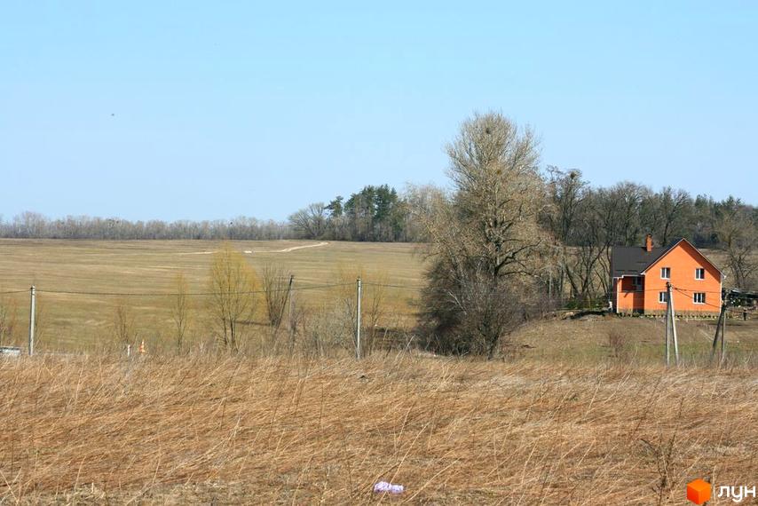 Зовнішній вигляд котеджу в КМ Happy Land, оточеного природою та відкритими просторами. На задньому плані видно поля та дерева.
