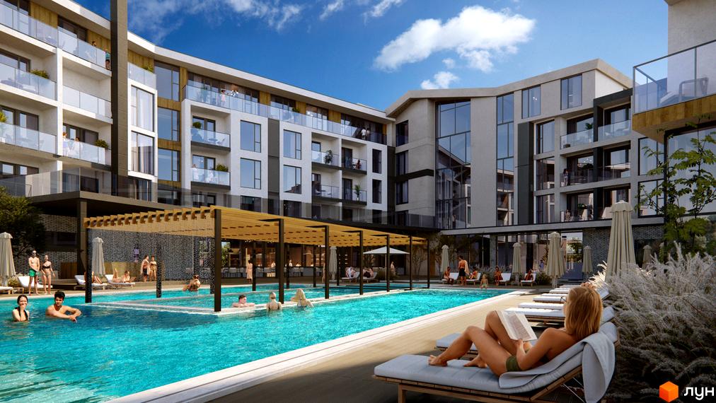 Apartel Kosyno: новобудова з басейном та відпочинковою зоною. Зовнішній вигляд комплексу з балконами та великими вікнами.