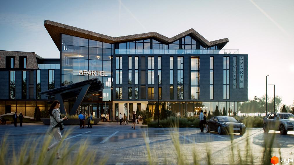 Apartel Kosyno - це новобудова з унікальною архітектурою та терасами, що виходить на доглянуту прибудинкову територію з парковкою та зеленими насадженнями.