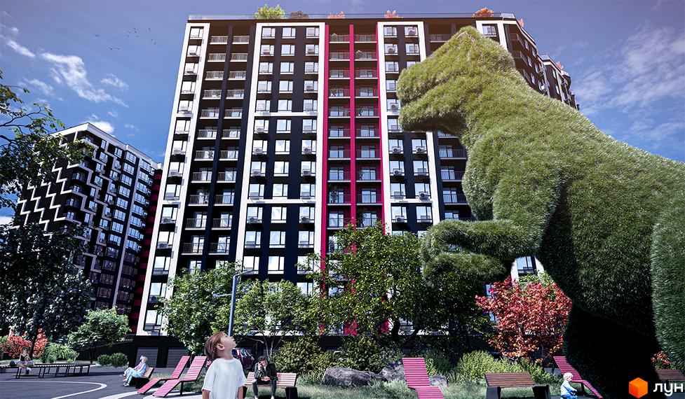 Житловий комплекс SKYGARDEN з фасадами темних кольорів та яскравими акцентами, оточений зеленою зоною з дитячим майданчиком та ландшафтним дизайном.