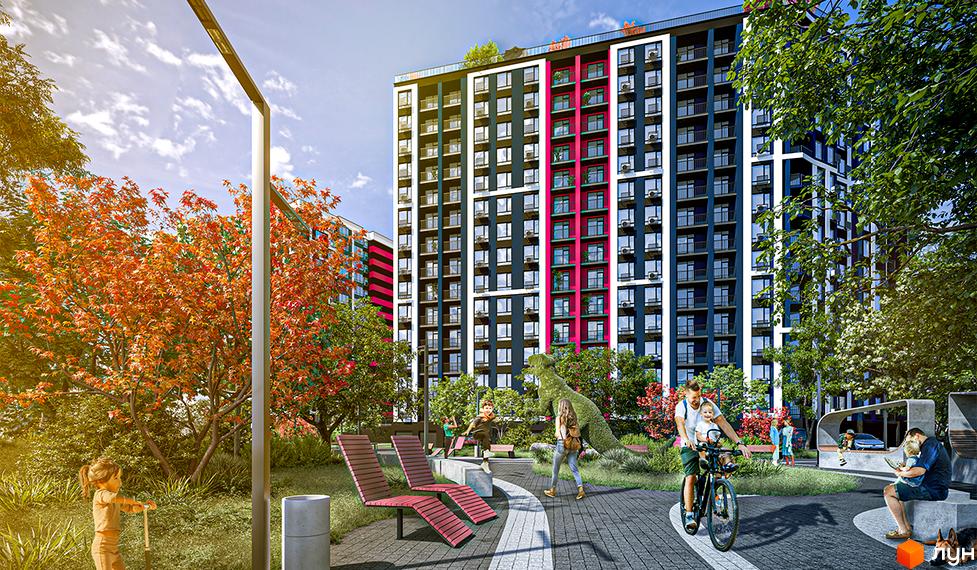 Житловий комплекс SKYGARDEN з яскравим фасадом та зеленою прибудинковою територією з дитячим майданчиком та зонами відпочинку.