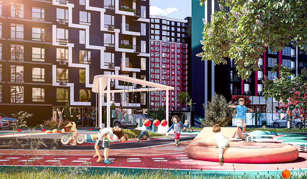 Житловий комплекс SKYGARDEN з яскравим дитячим майданчиком та дітьми, що граються. Сучасна архітектура новобудови з балконами та великими вікнами.