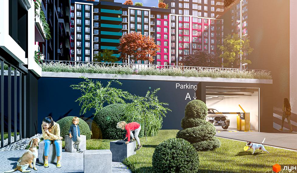 Житловий комплекс SKYGARDEN з яскравими фасадами та зеленою прибудинковою територією, де граються діти та собаки.