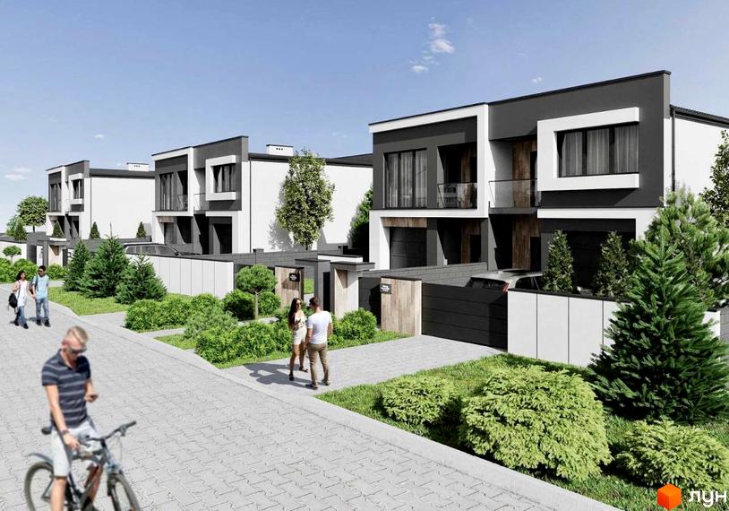 Котеджне містечко КМ Green Hills: фасади будинків з темними та світлими акцентами, огороджена територія з зеленими насадженнями та доріжками.