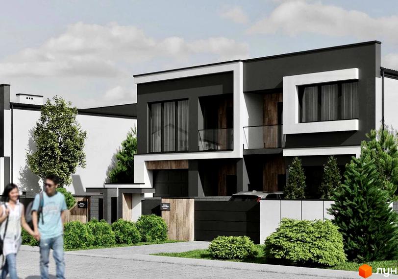 Котеджне містечко КМ Green Hills - сучасний будинок з панорамними вікнами та скляними балконами, доглянута прибудинкова територія з кущами та деревами.