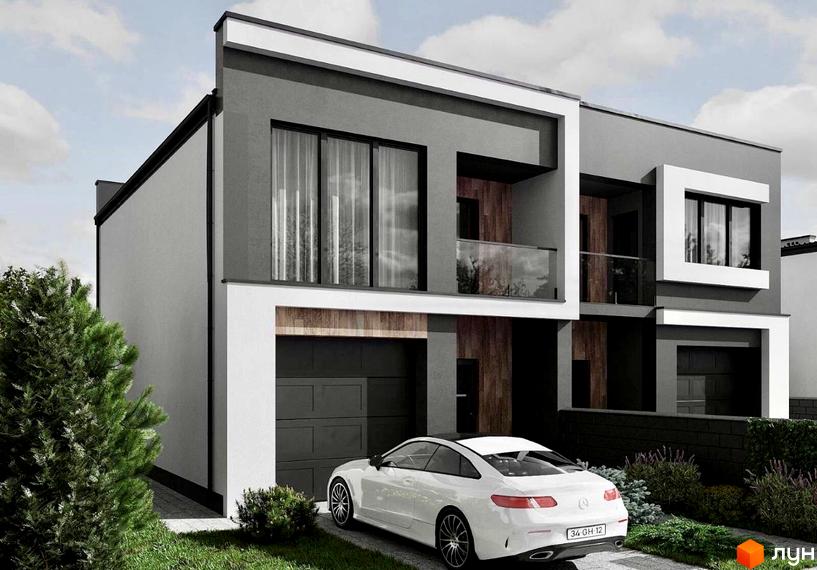 Котеджне містечко КМ Green Hills: двоповерховий будинок з гаражем та білим авто на подвір'ї. Навколо зелена трава та дерева.