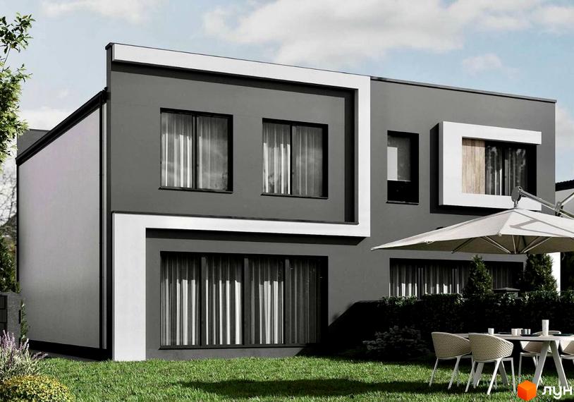 Котеджне містечко КМ Green Hills: двоповерховий будинок з сірим фасадом, білими елементами та великими вікнами, поруч зелений газон та зона відпочинку з парасолькою.