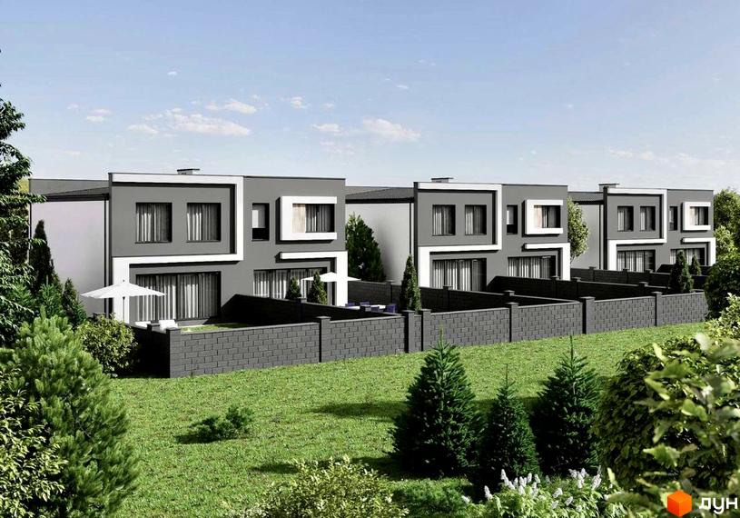 Котеджне містечко КМ Грін Хілз. Сучасні двоповерхові будинки сірого кольору з білими елементами, огороджені цегляним парканом. Зелена галявина перед будинками.