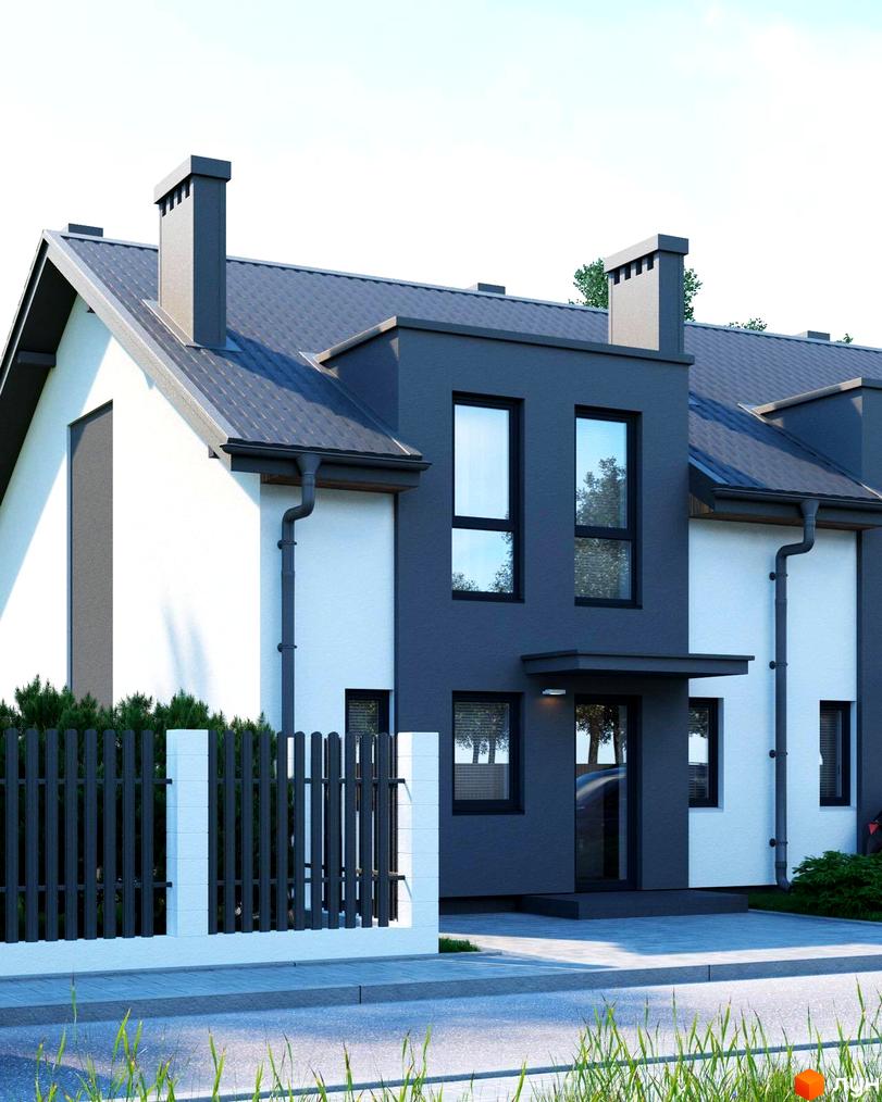 Таунхауси Sttk #14: двоповерховий будинок з білим та темно-сірим оздобленням фасаду, темним дахом, парканом та брукованою доріжкою.
