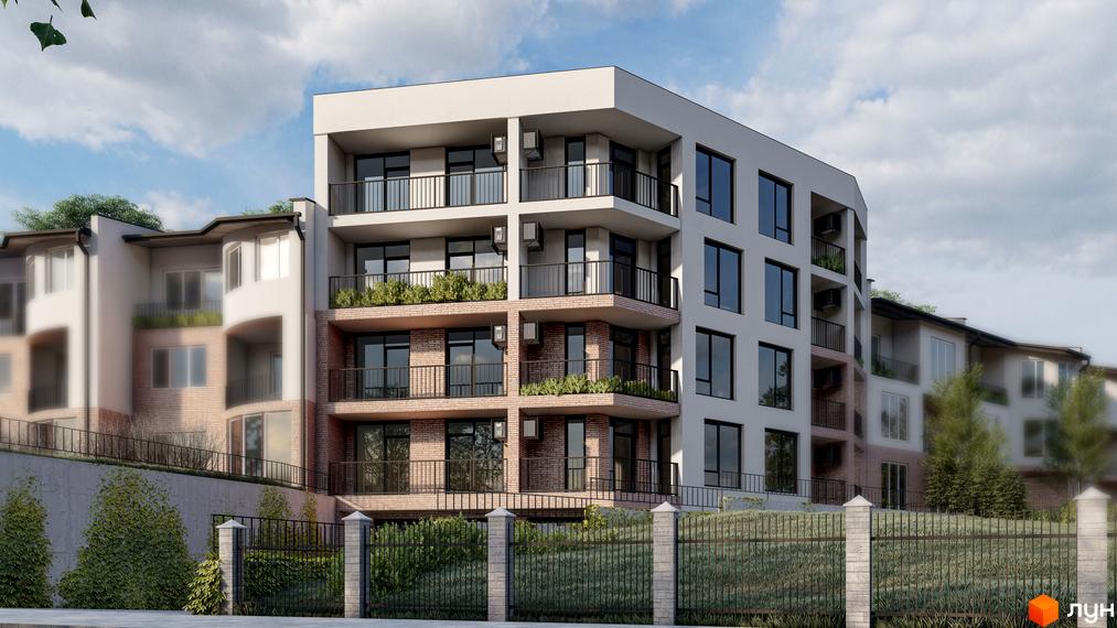 Зображення будинку по вул. Лікарська, 12. Багатоповерхова будівля з балконами та великими вікнами, перед будинком зелені насадження та огорожа.