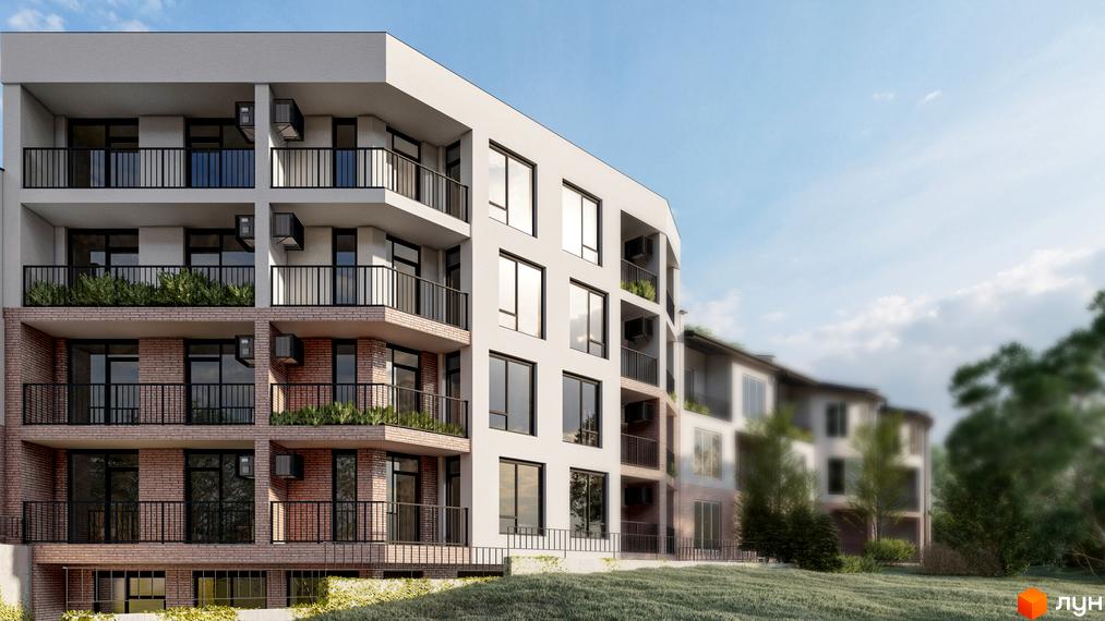 Зображення фасаду Житлового комплексу на вулиці Лікарська, 12. Багатоповерховий будинок з балконами та великими вікнами на фоні зеленого газону.