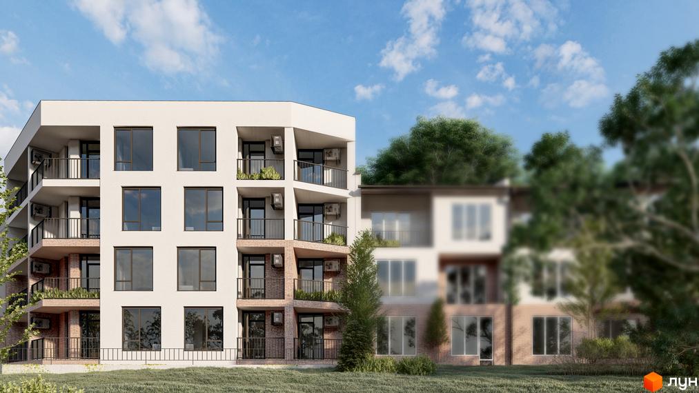 Зображення фасаду будинку на вулиці Лікарська, 12. Житловий комплекс з балконами та великими вікнами, поруч зелена територія.