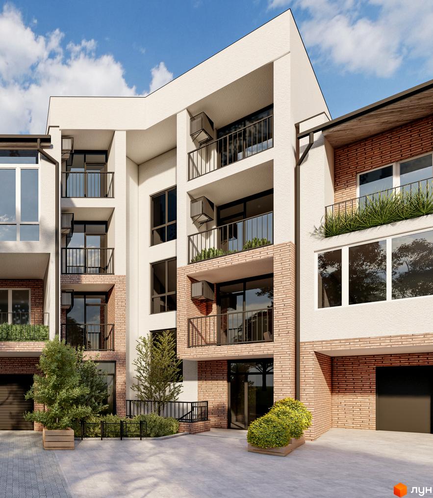 Зовнішній вигляд житлового комплексу на вул. Лікарська, 12, з цегляним фасадом та балконами. Прибудинкова територія з деревами та вимощеним подвір'ям.